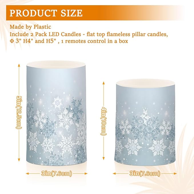 ALAZA Silver Winter Abstract Snowflakes Christmas Flickering Flameless Candles Battery Operated with Remote Timer,Tea Light Candles LED Pillar Votive Candles Set of 2 for Outdoor Indoor Decorations