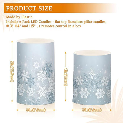 ALAZA Silver Winter Abstract Snowflakes Christmas Flickering Flameless Candles Battery Operated with Remote Timer,Tea Light Candles LED Pillar Votive Candles Set of 2 for Outdoor Indoor Decorations
