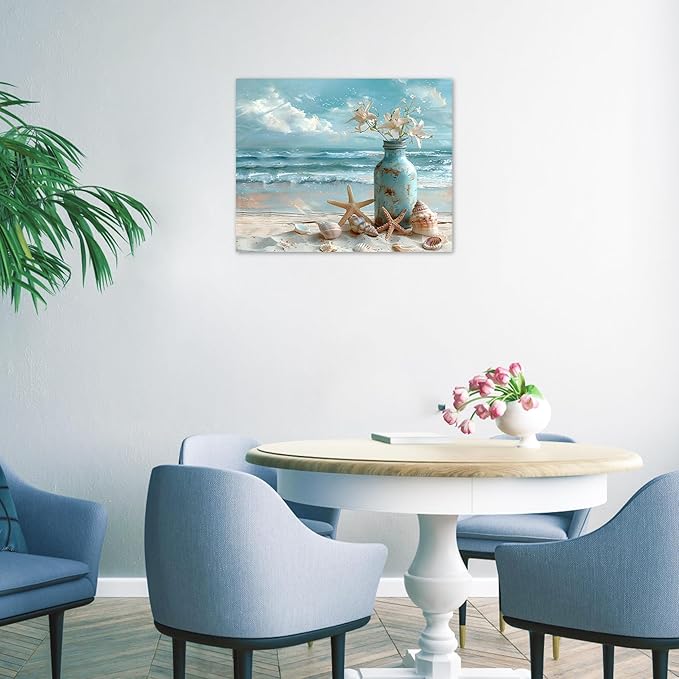 LB Beach Coastal Wall Art Starfish with White Flower in Vintage Vase on Teal Beach Wall Art Beach Scene Canvas Wall Decor for Living Room Bedroom Bathroom Office Framed Ready to Hang 12L x 16W