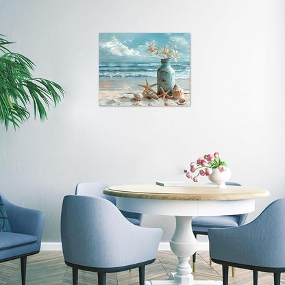 LB Beach Coastal Wall Art Starfish with White Flower in Vintage Vase on Teal Beach Wall Art Beach Scene Canvas Wall Decor for Living Room Bedroom Bathroom Office Framed Ready to Hang 12L x 16W