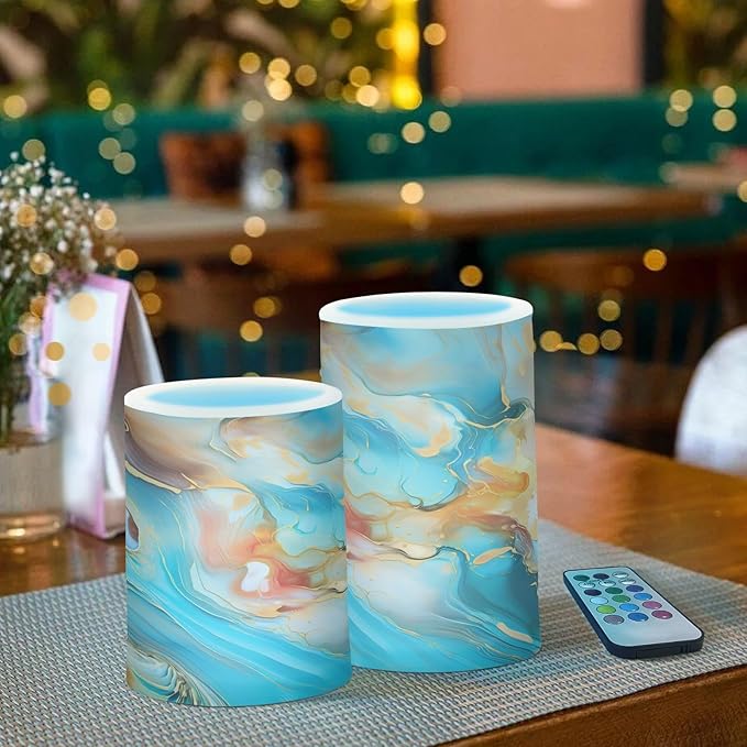 ALAZA Orange Teal Blue Marble Flickering Flameless Candles Battery Operated with Remote Timer,Tea Light Candles LED Pillar Votive Candles Set of 2 for Outdoor Indoor Decorations