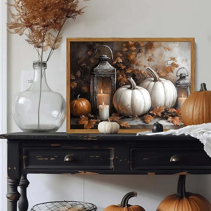 Framed Vintage Fall Pumpkin Canvas Wall Art, Rustic Farmhouse Autumn Paintings Wall Decor, Thanksgiving Pumpkins Pictures Prints Aesthetic Home Decor for Living Room Kitchen Office 16×24 inch