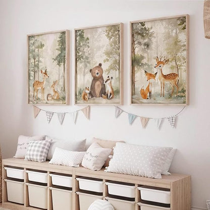 Tocliky Woodland Nursery Wall Art Decor Animal Forest Canvas Prints Baby Boy Room Wall Decor Bear Nursery Nature Pictures Deer Prints Artwork for Boy Girl Kids Bedroom 12x16 Inch Unframed Set of 3