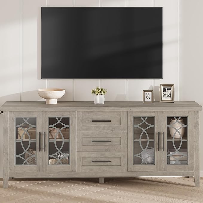 GarveeHome Farmhouse TV Stand with Glass Door for 70 Inch Tv, Mid Century Modern Entertainment Center for Living Room, Rustic Television Stands 2 Storage Door & 3 Drawer for Bedroom (Classic Gray)
