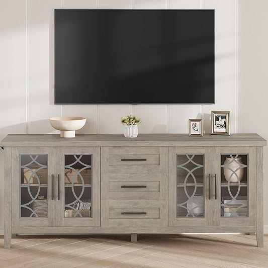 GarveeHome Farmhouse TV Stand with Glass Door for 70 Inch Tv, Mid Century Modern Entertainment Center for Living Room, Rustic Television Stands 2 Storage Door & 3 Drawer for Bedroom (Classic Gray)