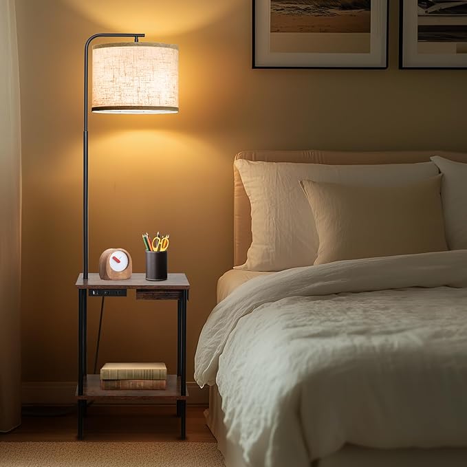 EOEYYOYB Floor Lamp with Table & Drawers, End Table Lamp with USB Charging Portt Power Outlet and Shelves, Side Table Reading Light with 3 Color Temperature Led Bulb Included for Living Room, Yellow