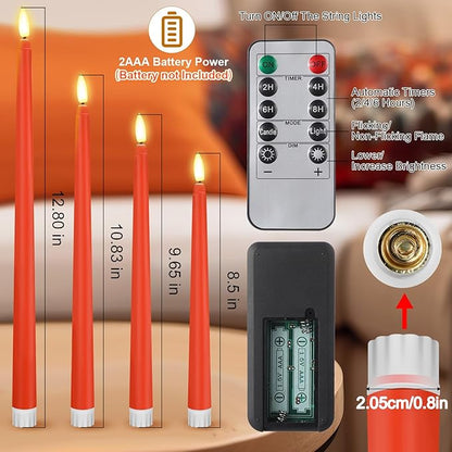 Rossesay 28 Pcs Flameless Taper Candles with Timer Remote 4 Sizes of 8.5", 9.6", 10.83", 12.8" LED Flickering Taper Candles Battery Operated for Valentine's Day Church Wedding Home Decor(Orange)