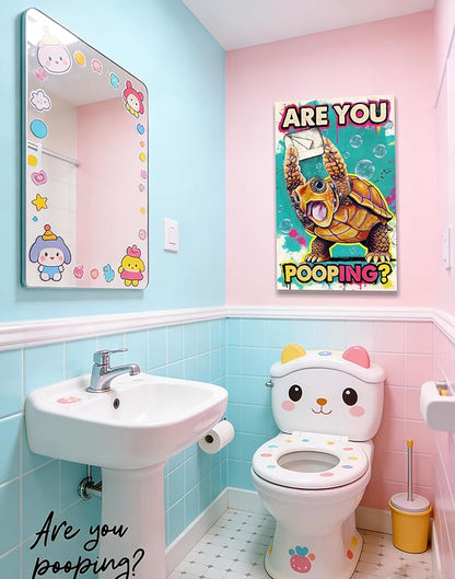 Funny Turtle Bathroom Wall Art Painting, Are You Pooping? Graffiti Humor Canvas Print, Teal Pop Art Bathroom Poster Decor, 16x24 Inch Framed Wall Picture for Bathroom Restroom Toilet Washroom