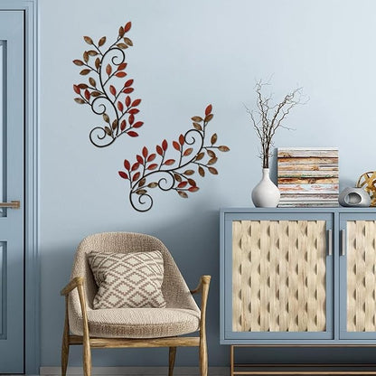 ESTART 2 Pieces Metal Tree Leaf Wall Decor Vine Olive Branch Leaf Wall Art Wrought Iron Scroll Wall Hanging for Above Door, Living Room, Office, Hallway, Indoor and Outdoor Decoration (Retro Red)