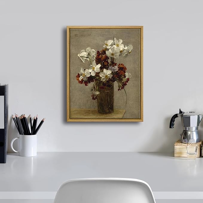 Pyradecor Vintage Framed Wall Art Bathroom Decor Narcisses Flowers in Vase Canvas Prints Floral Paintings Pictures for Living Room Bedroom Farmhouse Decor