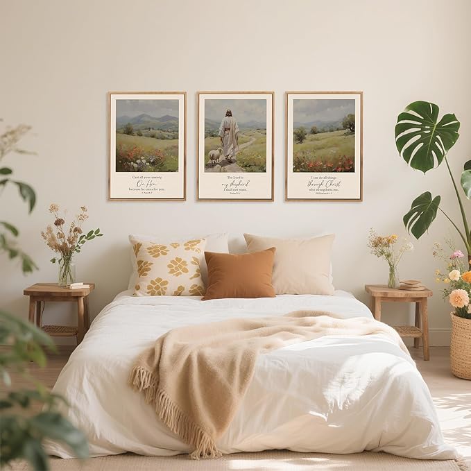 Aurlan Christian Bible Verses Framed Wall Art(24"x36"), 3PCS Vintage Jesus Leaves The 99 Lost Sheep Inspirational Scripture Canvas Artwork, Religious Abstract Flowers Nature Landscape Gallery Decor for Home Office Bedroom