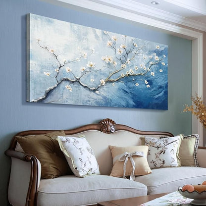 Nicetop Large Wall Art for Living Room– Blue and white Floral Canvas Art Print, Plum Blossom Flower Branch Picture Tree of Life Artwork for Modern Coastal Calming Bedroom Office Wall Decor, 48x24 Inch