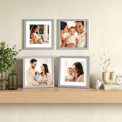 Egofine 11x11 Picture Frames 4 Pack, Display Pictures 4x4 or 8x8 with Mat or 11x11 Without Mat Made of Solid Wood Covered by Plexiglass for Table Top Display and Wall Mounting Photo Frame, Light Gray