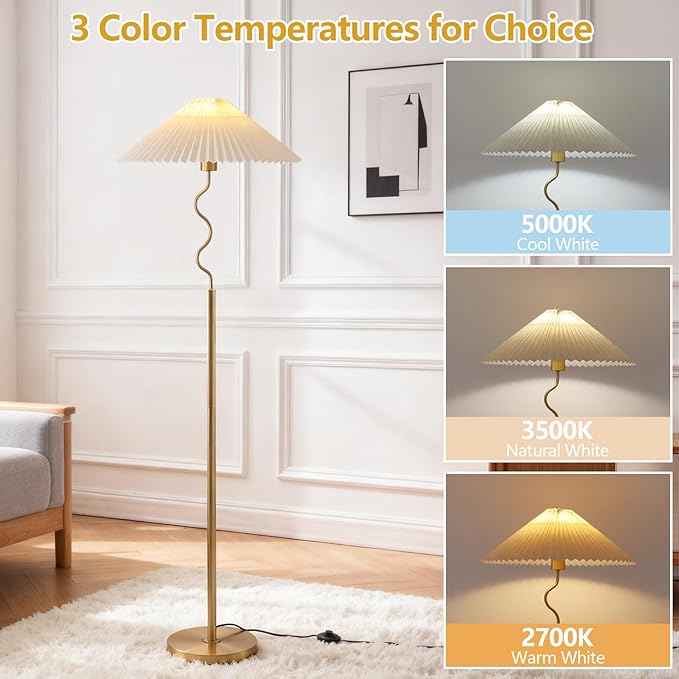 Modern Floor Lamp with 3 Color Temperatures, Foot Switch Standing Lamps for Living Room,Tall LED Standing Lamps for Living Room, Bedroom, Office, Beige Pleated Shade, 9W Bulb Included, Gold
