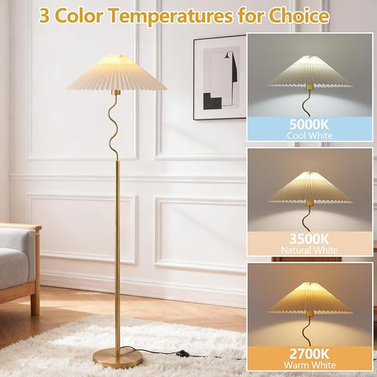 Modern Floor Lamp with 3 Color Temperatures, Foot Switch Standing Lamps for Living Room,Tall LED Standing Lamps for Living Room, Bedroom, Office, Beige Pleated Shade, 9W Bulb Included, Gold