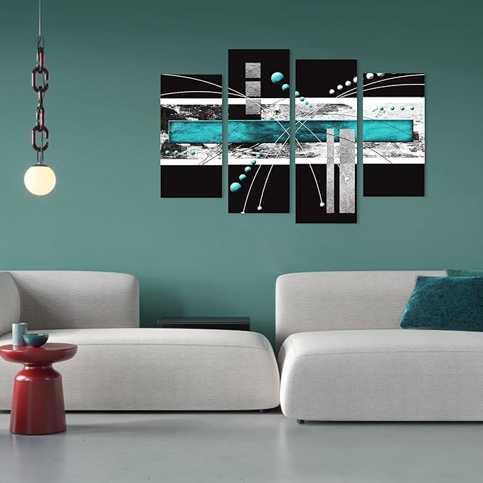 YPY Large Black Teal Canvas Wall Art - 4 Pieces Modern Abstract Picture Set for Home Decoration - Contemporary Painting Artwork for Living Room Bedroom 64x42