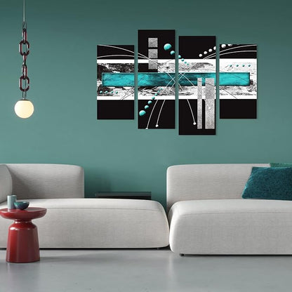 YPY Large Black Teal Canvas Wall Art - 4 Pieces Modern Abstract Picture Set for Home Decoration - Contemporary Painting Artwork for Living Room Bedroom 64x42