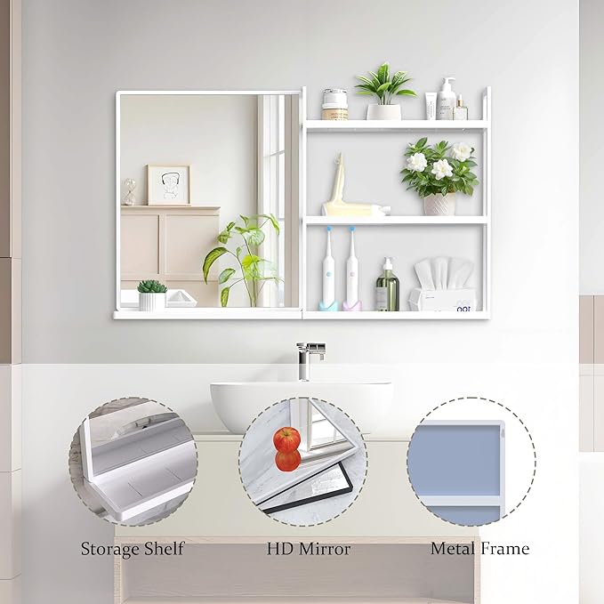 White Metal Framed Bathroom Mirror with Shelf, 40" X 24.4" Rectangular Wall Mounted Bathroom Vanity Mirror, Modern Bathroom Mirror with Storage for Over Sink, Entryway