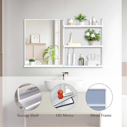 White Metal Framed Bathroom Mirror with Shelf, 40" X 24.4" Rectangular Wall Mounted Bathroom Vanity Mirror, Modern Bathroom Mirror with Storage for Over Sink, Entryway