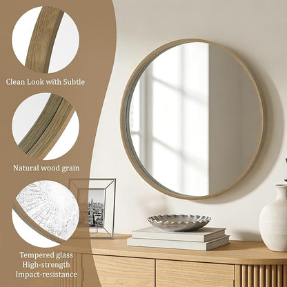 WallBeyond Round Wood Mirror 28" Circle Wall Mirror for Bathroom Round Wall Mirror for Wall Decor, Vanity, Entryway Living Room, Honey