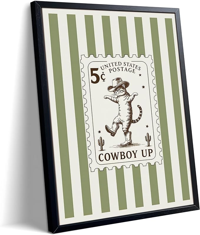 Framed Vintage Cowboy Cat Wall Art, Funny Western Cat Canvas Print Poster, Boho Ranch Animal Painting Picture, Rustic Farmhouse Nursery Wall Decor for Living Room Bedroom Kids Room 8x10 Inch