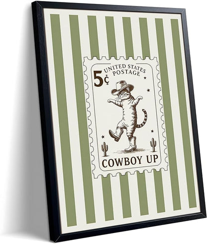 Framed Vintage Cowboy Cat Wall Art, Funny Western Cat Canvas Print Poster, Boho Ranch Animal Painting Picture, Rustic Farmhouse Nursery Wall Decor for Living Room Bedroom Kids Room 12x16 Inch