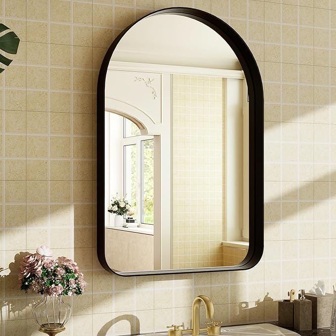 Easly 30"x20" Arched Bathroom Mirror - Modern Black Mirror for Wall with Rounded Corners, Bathroom Mirror for Vanity, Aluminum Alloy Framed Mirror - for Living Room, Bedroom, Cloakroom