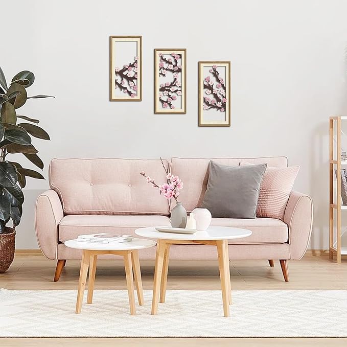 IARTTOP Cherry Blossom Wood Wall Decor Set of 3 Pink Flower Wall Art Japanese Sakura Tree Artwork Farmhouse Minimalist Botanical Print Decor for Living Room Bedroom Framed 7.9 x15.8 Inch