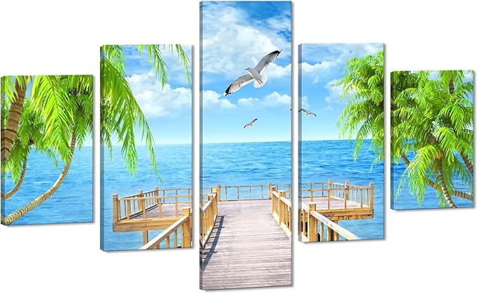 Landscape Seagulls Palm Scene Picture Modern Painting on Canvas 5 Panels Combination Set Framed Wall Art for Living Room Bedroom Home Decor Stretched Gallery Wrap Giclee Print (60''W x 40''H)