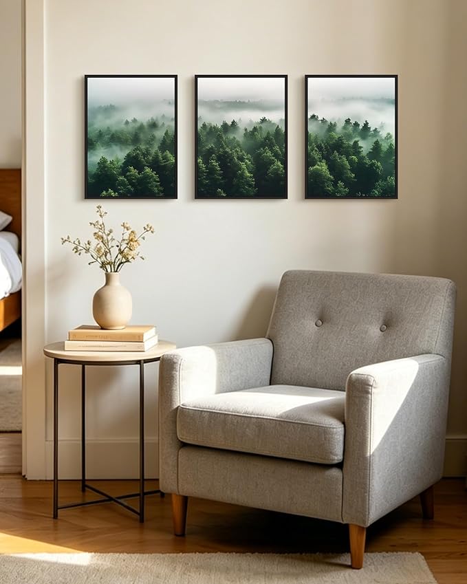 PHOPAGO Green Fog Pine Tree Framed Wall Art Nature Misty Nordic Forests Artwork Morden Paints Bedroom Living Room Home Decor - 11x14in Black Framed