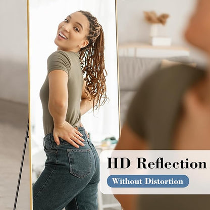 DUMOS 21"x56" Full Length Mirror with Stand, Floor Standing Aluminum Frame, Shatter-Proof Nano Glass for Bedroom, Living Room, Cloakroom – Modern Simple Home Decor,Can Be Hanging or Leaning, Gold