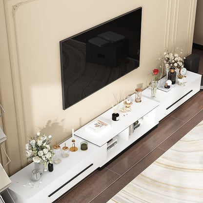 Modern TV Console Extendable Media Console, Adjustable Length, Contemporary Entertainment Center with Drawers and Legs, for Living Room White and Black (95”-133.9”W x 15.2”D x 13.1”H)