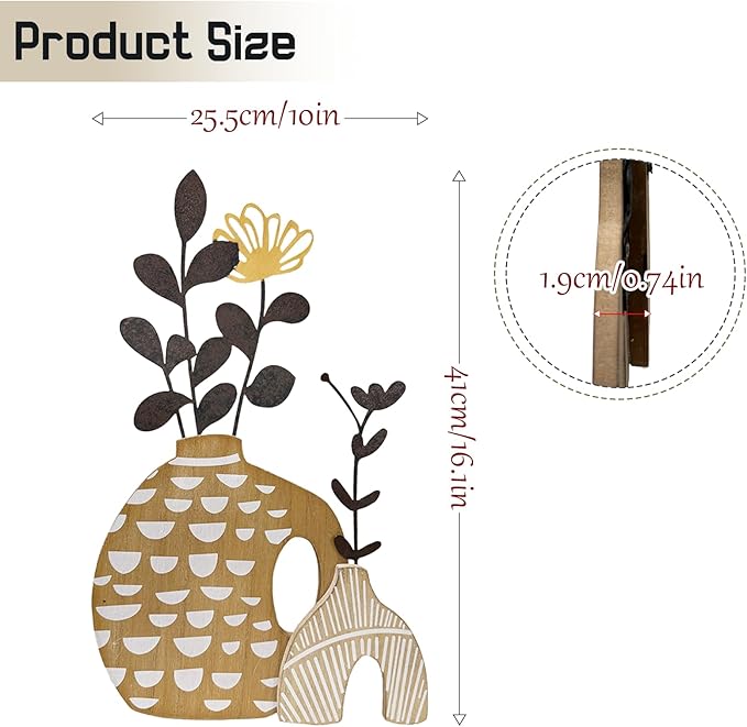 WOPARTY Rustic Metal and Wood Flowers Wall Art, Bohemian Vase with Flower Design, Black and Gold, 16.2x10 Inch, Farmhouse Wall Decor Home Bedroom Dining Room Housewarming