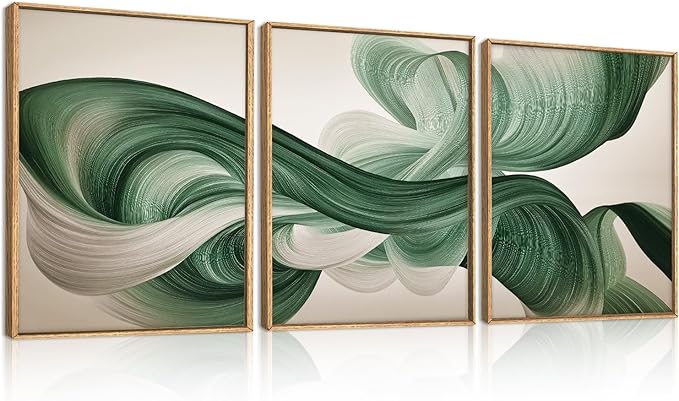 KAIRNE Green Abstract Framed Canvas Wall Art Set,Minimalist Green Lines Wall Decor,Modern Flowing Texture Art Prints,Neutral Smokes Waves Artwork for Living Room,Bedroom,Farmhouse,Office-12 x16 x3