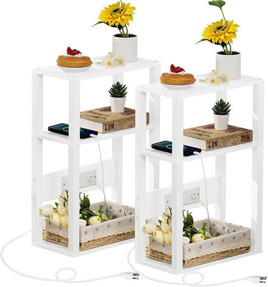 YUFAM 3-Tier Small Narrow Wood Side Table Set of 2 with Charging Station - Skinny Nightstand for Small Spaces, Slim Bedside Table with USB Ports and Outlets - Thin End Table with Storage, White