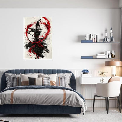Japanese Female Samurai Wall Art Woman Fight Painting Canvas Prints Red Warrior Pictures Bushido Poster for Bedroom Classroom Dorm Living Room Aesthetic Decor Framed (12''W x 16''H)