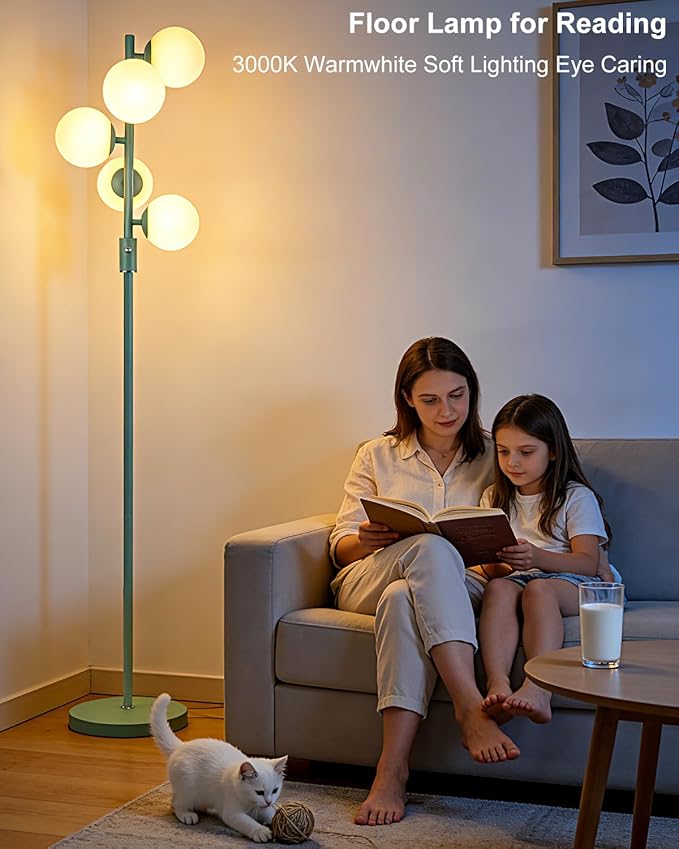 Lightdot Dimmable Globe Floor Lamp Mid Century Modern Floor Lamp with 5Pcs 3000K G9 Bulbs Stepless Brightness Adjustable Green Standing Lamps with 5Lbs Heavy Base for Living Room Bedroom Office