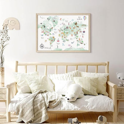 Joocrise Green Kids World Map Wall Art Animal Map Canvas Art Nursery Wall Decor World Map Poster Childrens Room Decor Playroom Prints Educational Artwork 16x24 Inch Wood Frame