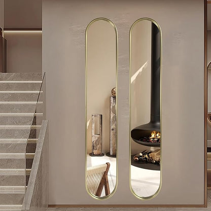 OUSHUAI Gold Full Length Oval Mirror,Narrow Capsule Long Mirrors with Metal Frame for Entryway,Hallway,Living Room 44"X8"(2pcs) …
