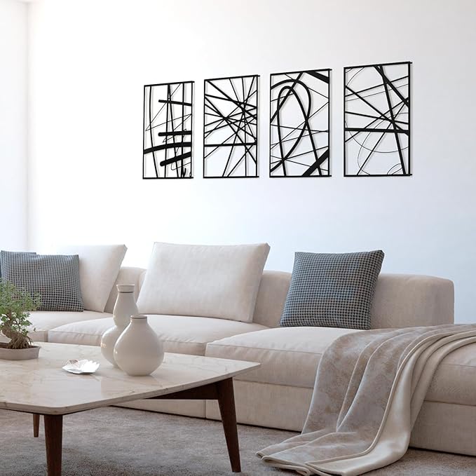 Art3dwallpanels Black Abstract Wall Art, Metal Single Line Art Wall Decor, 3D Textured Sculptures, Modern Decor for Living Room Bedroom Bathroom Study, 17'' x 12'', 4 Pack