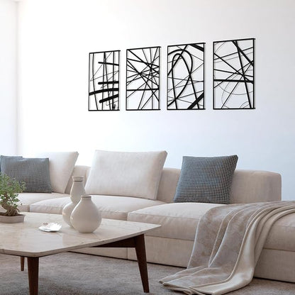 Art3dwallpanels Black Abstract Wall Art, Metal Single Line Art Wall Decor, 3D Textured Sculptures, Modern Decor for Living Room Bedroom Bathroom Study, 17'' x 12'', 4 Pack