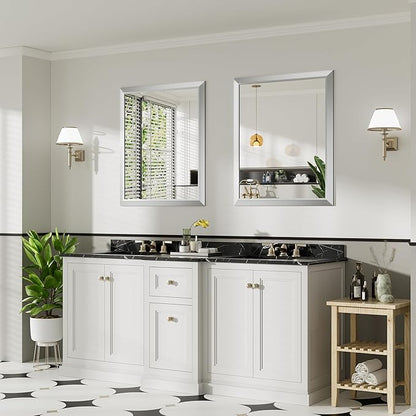 36x30 Inch Brushed Silver Bathroom Mirror for Wall, Thick Metal Framed Rectangle Mirrors for Over Sink, Bedroom, Living Room, Entryway, Anti-Rust, HD Tempered Glass