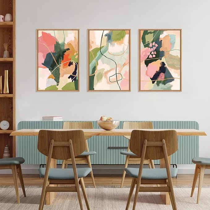 Colorful Abstract Framed Canvas Wall Art Set,Modern Multicolor Pastel Minimalist Line Wall Decor,Boho Green and Pink Painting for Living Room,Bedroom-16 x24 x3