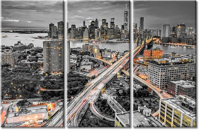 TUMOVO American Cityscape Canvas Paintings Wall Art Manhattan, New York Skyline Artwork Pictures Home Decor 3 Pieces Black and White Wall Art Posters and Prints Framed Ready to Hang (42" Wx28 H)