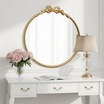 Besdomus Gold Round Bow Mirror: 27" Modern Circle Bathroom Vanity Mirror - Baroque Traditional Ornate Beaded Decorative for Wall/Cloakroom/Bedroom/Dressing Room - Ideal for Fashion Conscious Women