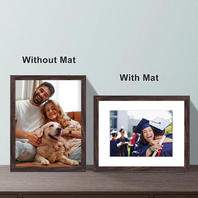 8.5x11 Picture Frame Set of 6, Certificate Document Frame, Diploma Frame, Display Pictures 6x8 with Mat or 8.5x11 Without Mat, Brown