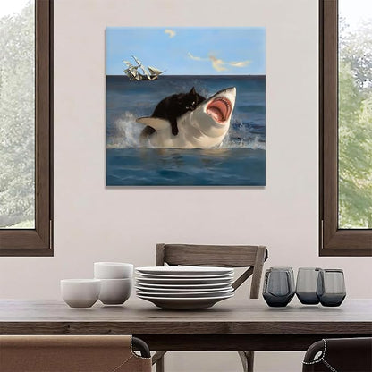 Yaneiro Framed Black Cat Bathroom Wall Art, Funny Quirky Cat and Shark Pictures Canvas Print, Abstract Black Cat Shark Posters Wall Decor for Room Bedroom Living Room Bathroom 20x20 in