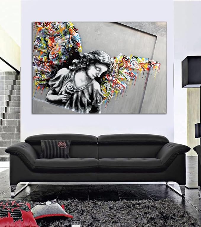 Yatsen Bridge Colorful Graffiti Wings Canvas Wall Art Banksy Art Print Street Artwork Angel Wall Decor for Living Room Bedroom Home Decoration Framed Ready to Hang 28x44inch