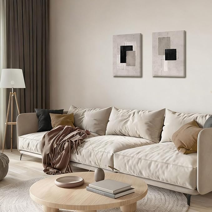 Kdyudo 2 Pcs Large Minimalist Block Line Canvas Framed Wall Art Neutral Abstract Print Poster Wall Decor Black Beige And Brown Geometric Square Line Painting Pictures Living Room Bedroom 12x16 Inch