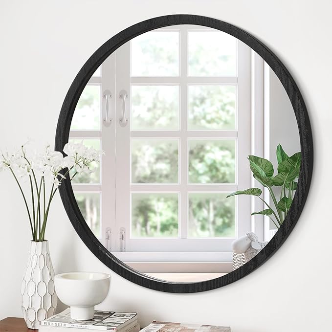 JJUUYOU Large Circle Wall Mirror 24 Inch for Home Decor Round Mirror for Bathroom Black Wall Mounted Wood Frame Mirrors for Living Room Bedroom Washroom Dorm